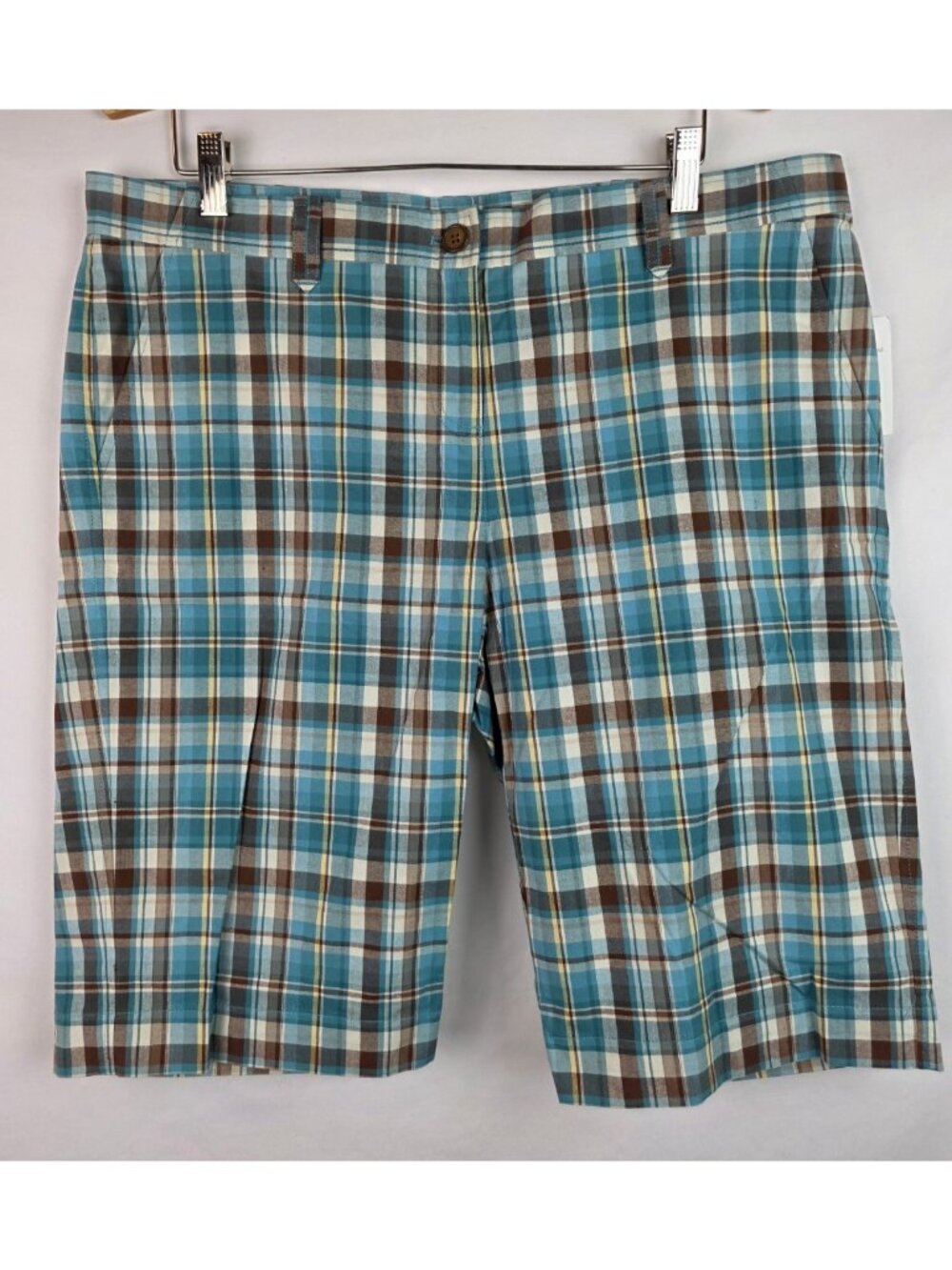 Liz & Co Womens Shorts Size 14 Aqua Blue Plaid Stretch Bermuda Short